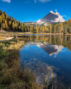 Scenic view of lake and mountains against blue sky