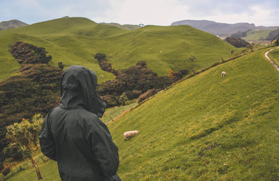 Rear view of man standing on meadow against sky