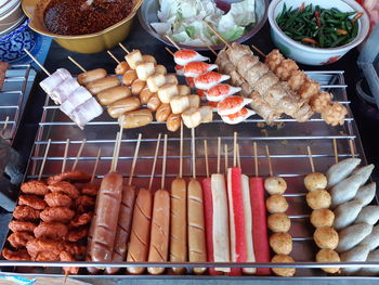 High angle view of vegetables on barbecue grill