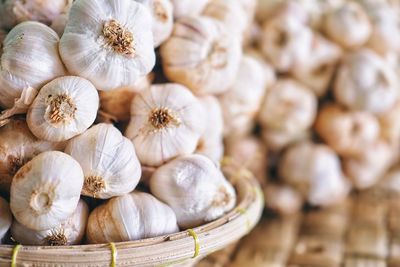 Close up garlic in a market and detail of some fresh garlic, copy space design your text.