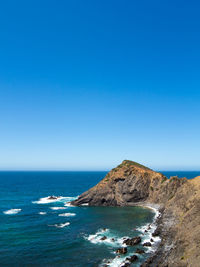 Scenic view of sea against clear blue sky