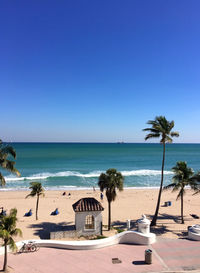 Scenic view of sea against clear blue sky