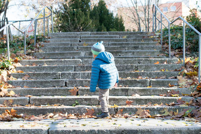 Rear view of boy moving up on steps during autumn