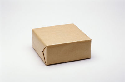 High angle view of paper box on white background