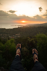 Low section of man by plants against sky during sunset