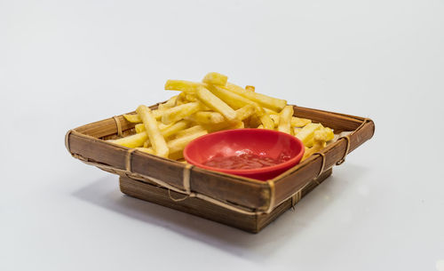 High angle view of food on plate against white background