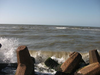 Low section of man on beach against clear sky