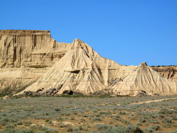 Scenic view of desert against clear blue sky