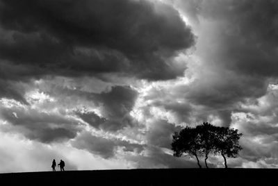 Silhouette of tree on field against storm clouds