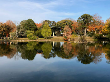 Reflection of trees in lake against sky during autumn