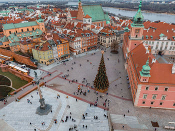 Aerial view of the christmas tree near castle square with column of sigismund