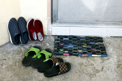 High angle view of shoes on floor