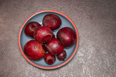 High angle view of strawberries in bowl