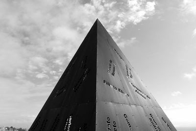 Low angle view of modern building against cloudy sky