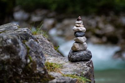 Close-up of stone stack on rock