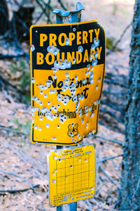 Close-up of yellow sign on metal