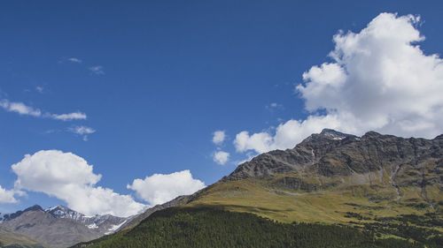 Low angle view of majestic mountains against sky