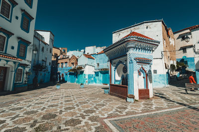 Chefchaouen, morocco plaza el hauta aka place el haouta aka el aiún also known as the blue city.