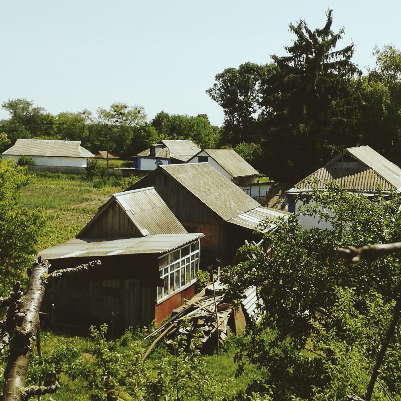 building exterior, architecture, built structure, house, residential structure, tree, residential building, clear sky, roof, plant, growth, day, outdoors, village, sky, no people, green color, town, grass, nature