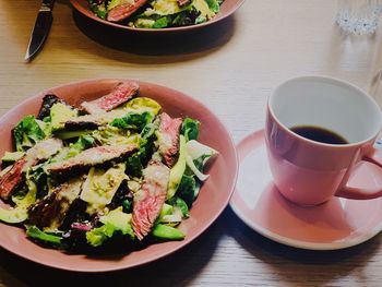 High angle view of breakfast served on table