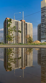 Buildings in city at night