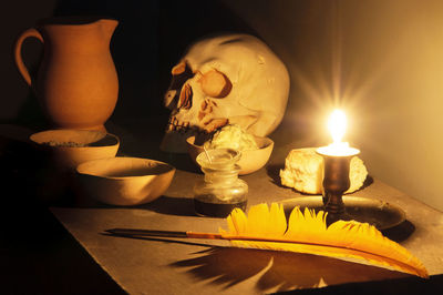 Close-up of illuminated candles on table