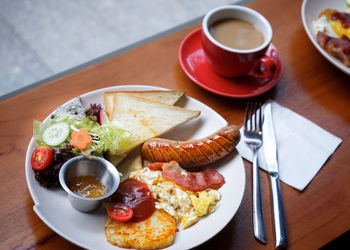High angle view of breakfast on table