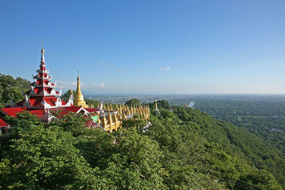 High angle view of temple building against sky