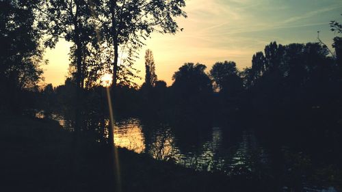 Silhouette trees by lake against sky at sunset