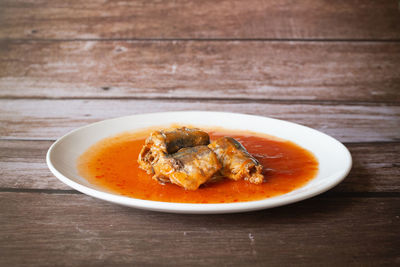 Close-up of soup in bowl on table