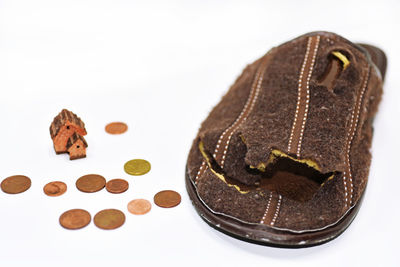 Close-up of chocolate cake against white background