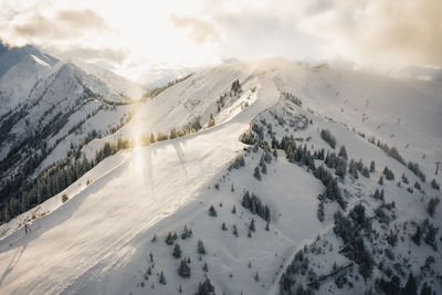 Scenic view of snow covered mountains against sky