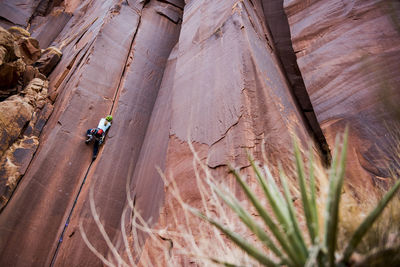 A woman rock climbing in the desert.