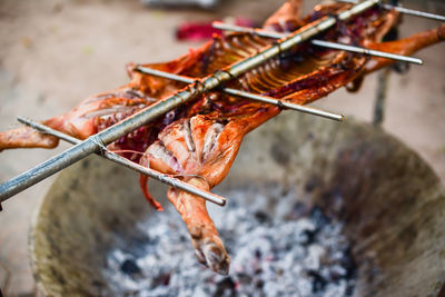 Close-up of meat on barbecue grill