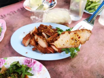 High angle view of meal served on table