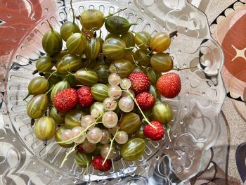 High angle view of strawberries on table