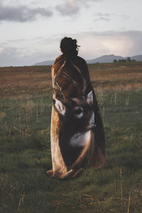 Horse sitting on field against sky