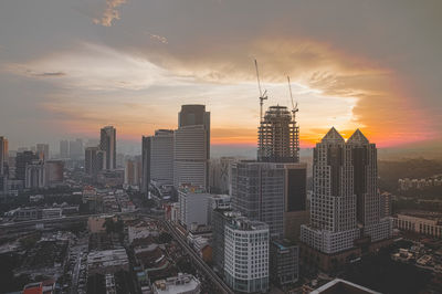 City skyline at sunset