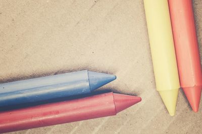High angle view of crayons on table