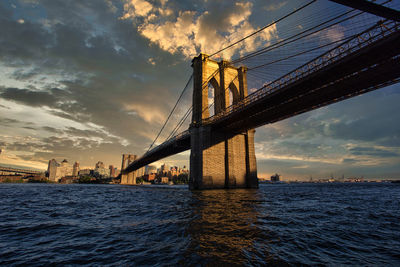 View of suspension bridge over river against cloudy sky