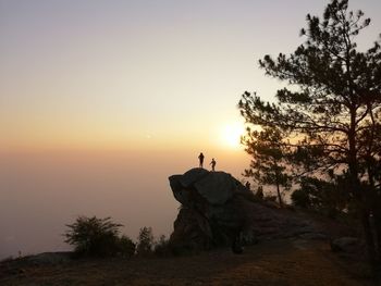 Silhouette rocks by trees against sky during sunset