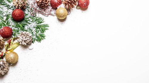 High angle view of christmas tree against white background