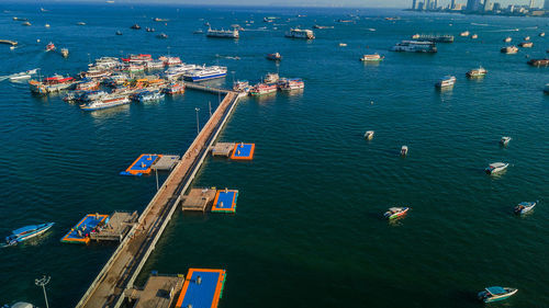 High angle view of harbor by sea