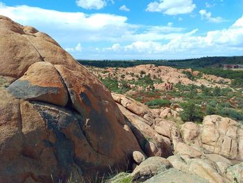 Rock formations on landscape against sky