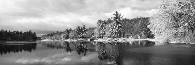 Scenic view of lake by trees against sky