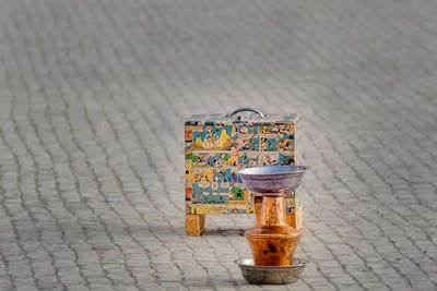 High angle view of multi colored on table by street