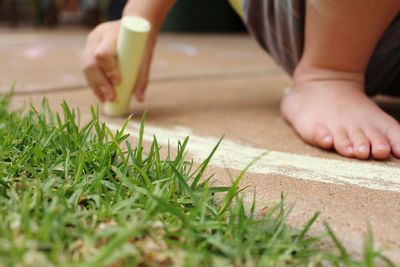 Low section of boy playing on grass
