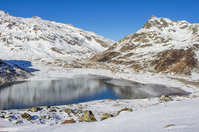 Scenic view of snow mountains against blue sky