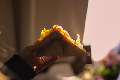 Scrambled egg sandwich on homemade bread, morning breakfast