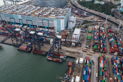 High angle view of pier over canal in city